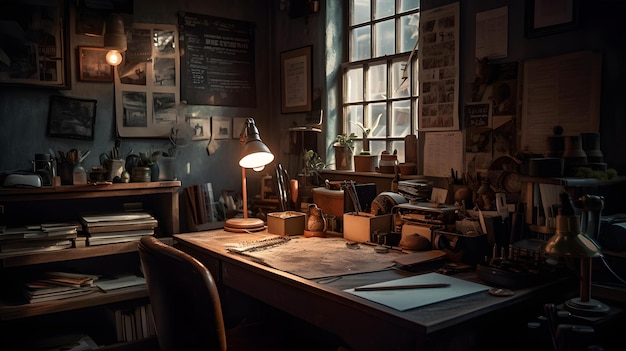 A dark room with a desk and a sign that says'the secret'on it