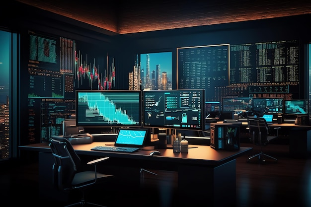 A dark room with a desk with monitors and a chart of stock exchange