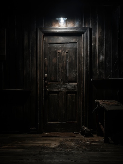 A dark room with a door ai generated