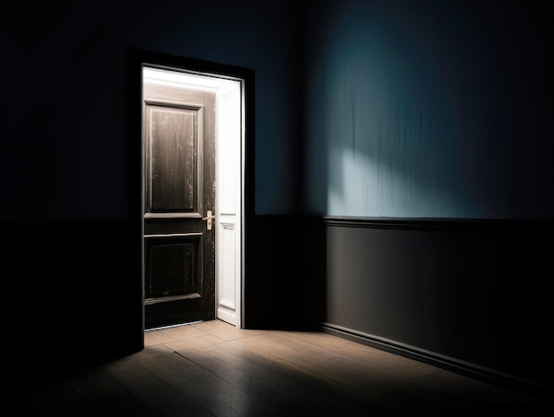 A dark room with a door generative ai