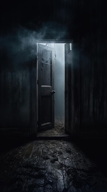 a dark room with a door open to the dark