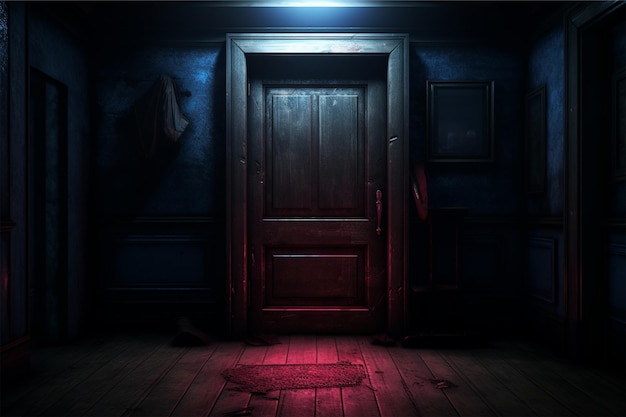 A dark room with a door and a red and blue light