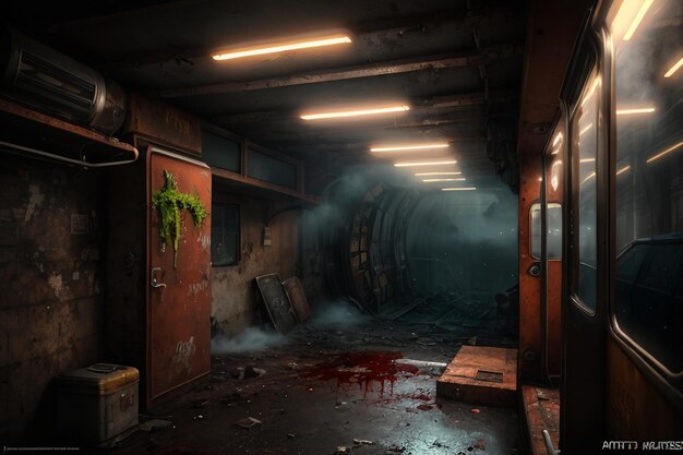 A dark room with a door that says'dead space'on it