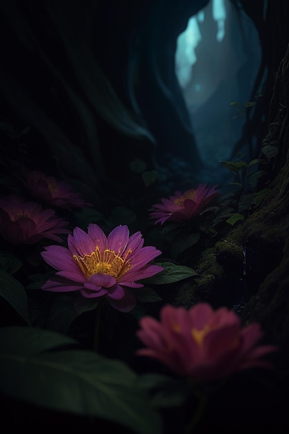 A dark room with a flower in the middle