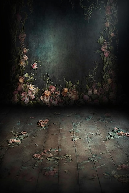 A dark room with flowers on the floor