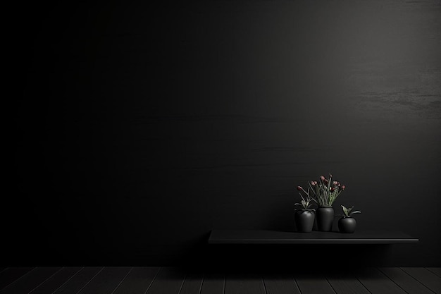 a dark room with flowers on a table and a wall