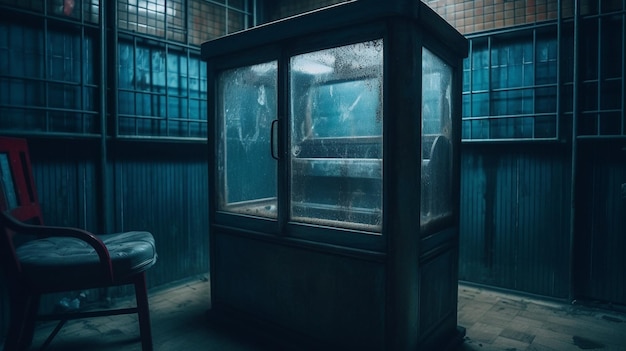 A dark room with a glass box and a glass door that says'the dark room '