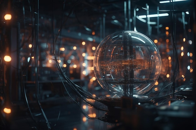 A dark room with a glass globe and lights in the background