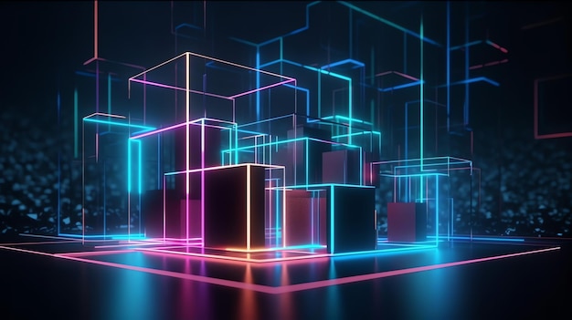 A dark room with a glowing box and the words'cubes'on it
