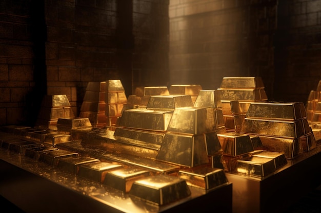 A dark room with gold bars in the middle.