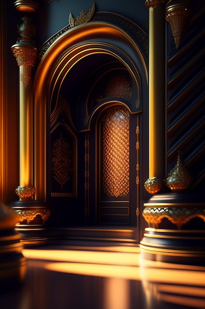 A dark room with a golden door and a golden door.