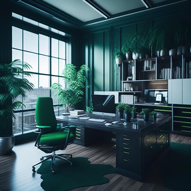 A dark room with a green chair and a desk with a computer on it.