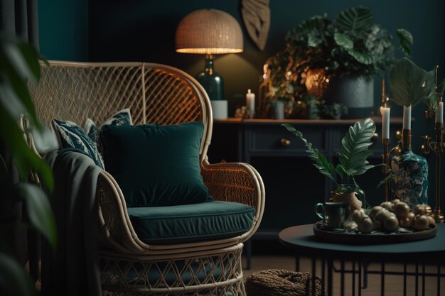 A dark room with a green chair and a green lamp on the side table.