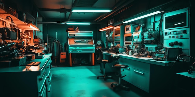 A dark room with a green light that says'the machine '