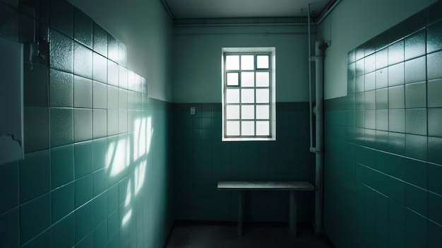 A dark room with green walls and a window that says " i'm not a person. "