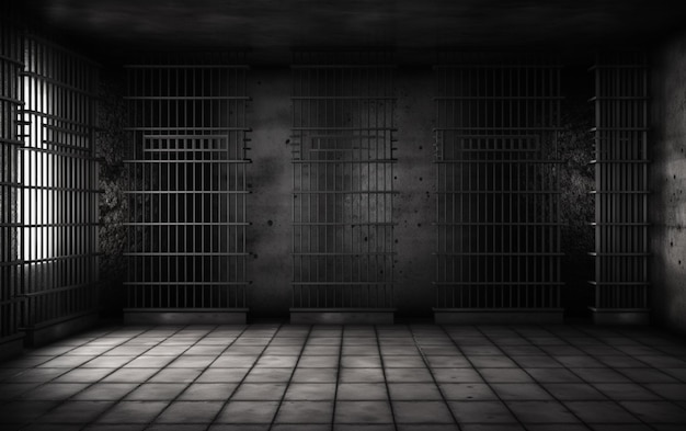 A dark room with a jail cell and bars