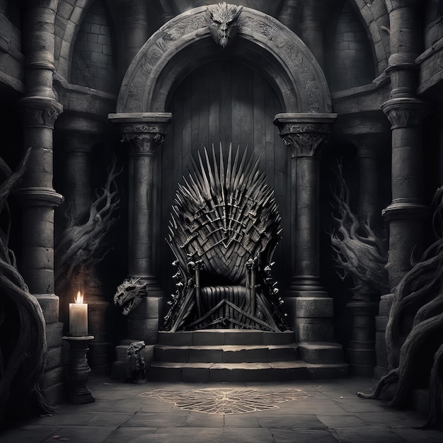 dark room with a king of the thronea wooden chair with a dark background and a crown of king