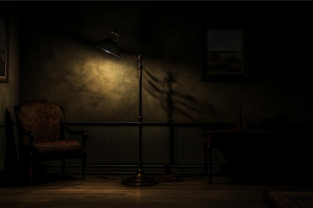 A dark room with a lamp and a lamp in the corner