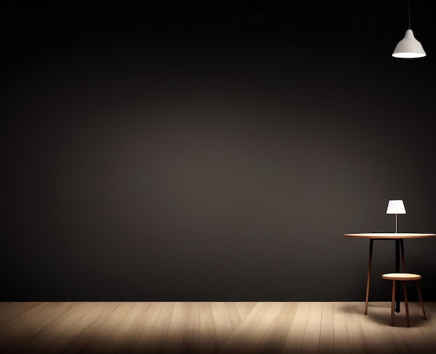 A dark room with a lamp and a table with a chair in front of it.