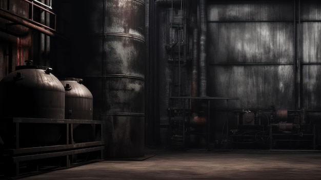 暗い部屋に大きな樽と大きな金属製の容器が床に置かれています。