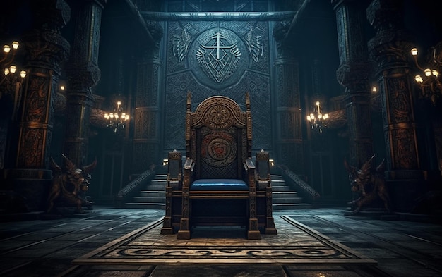 A dark room with a large chair in the middle of it.