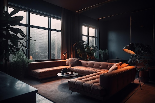 A dark room with a large couch and a lamp on the wall that says'the room is dark '