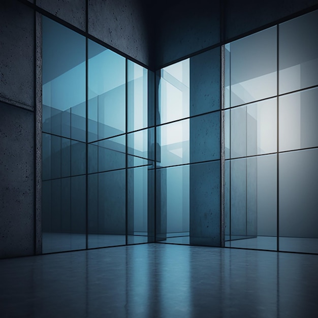 A dark room with a large glass wall that has a blue light on it.