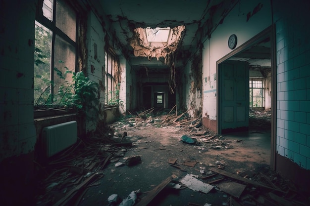 A dark room with a large hole in the ceiling that has a plant on it.