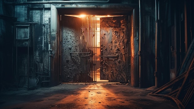 불이 켜진 큰 금속 문이 있는 어두운 방.
