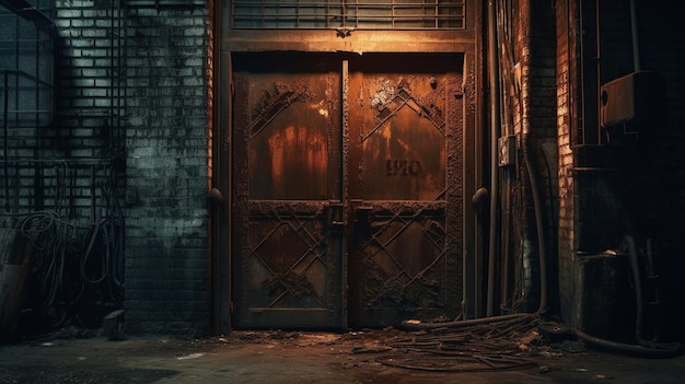 A dark room with a large metal door that says uro on it.