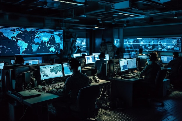 A dark room with a large screen that says'cyber security'on it