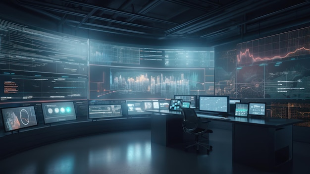 A dark room with a large screen that says'cyberpunk'on it