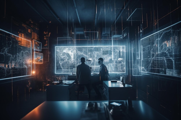 A dark room with a large screen that says'cyberpunk'on it