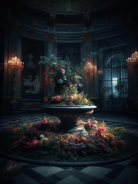 A dark room with a large vase with flowers on it.