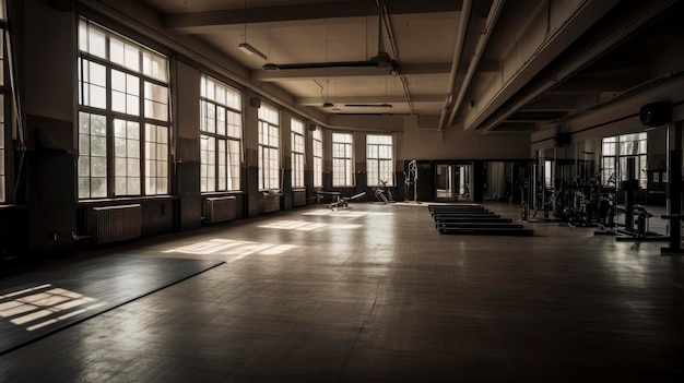 A dark room with a large window that says'yoga'on it