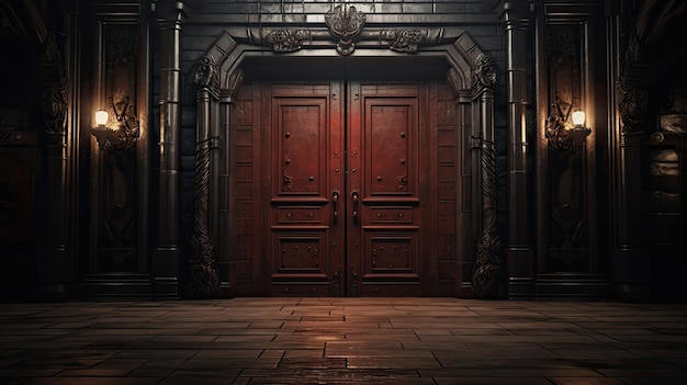 A dark room with a large wooden door and a large wooden door with a red light on the left.