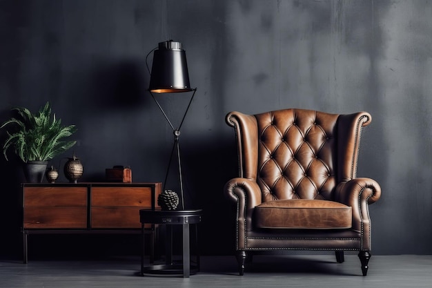 A dark room with a leather chair and a lamp.