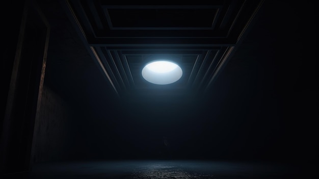 A dark room with a light on the ceiling and a light on the ceiling.