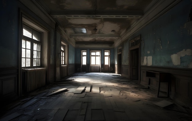 A dark room with a light on the ceiling and the windows on the left.