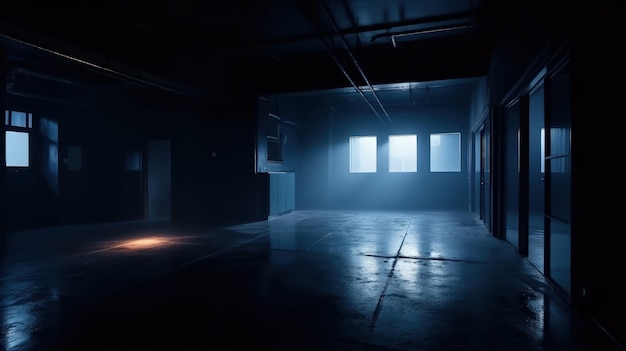 A dark room with a light coming through the windows generative AI