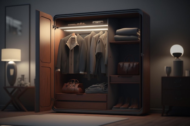 A dark room with a light on the inside of it and a large closet with a bag hanging from the bottom.