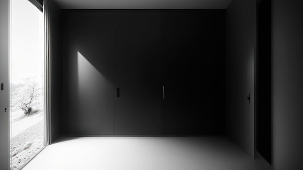 A dark room with a light shining on the door.