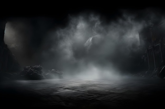 Photo dark room with light and smoke mist or fog in the style of minimalist background ai generate