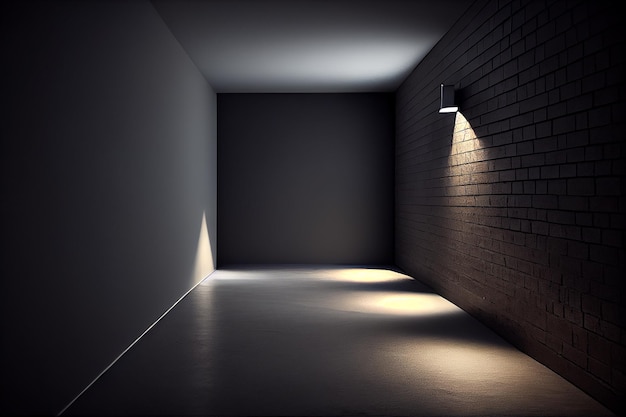 Photo a dark room with a light on the wall and a brick wall with a light on it.