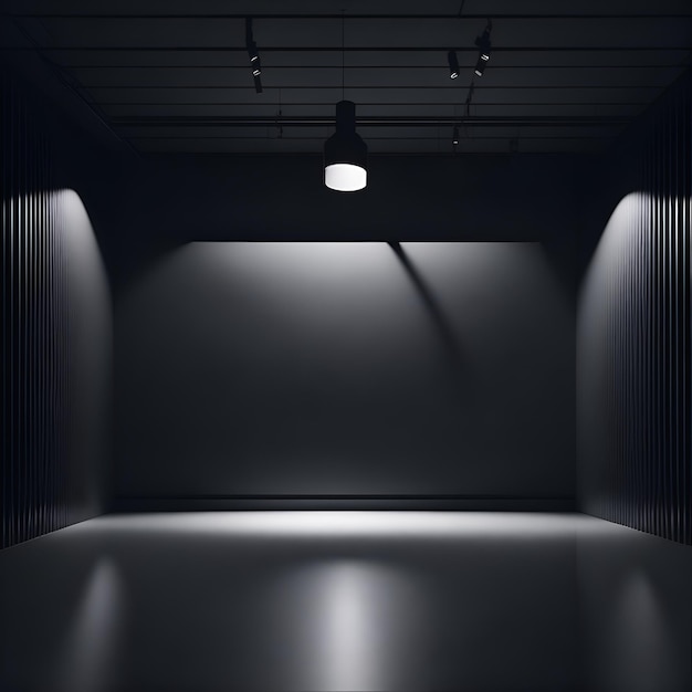 A dark room with a light on the wall and a light on the ceiling.