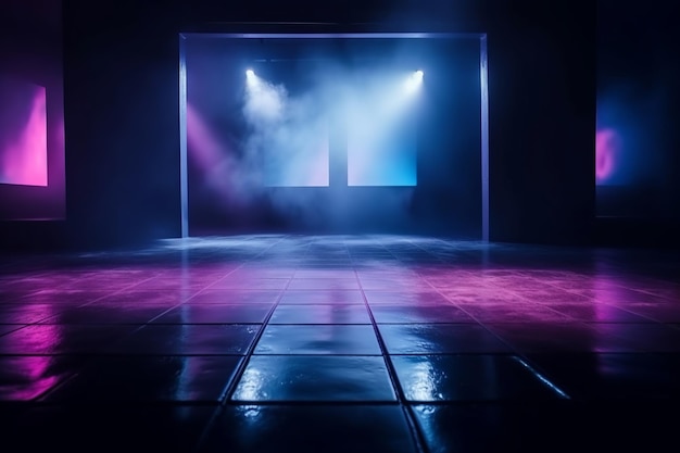 A dark room with a lit up stage and a large window with a light on it.