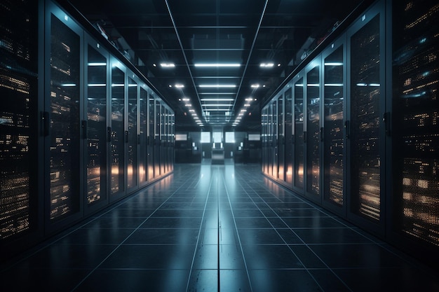 A dark room with a long row of servers.