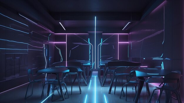 A dark room with a long table and chairs lit by blue and purple neon lights