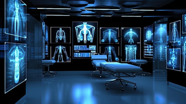 A dark room with a lot of medical equipment and a blue light.