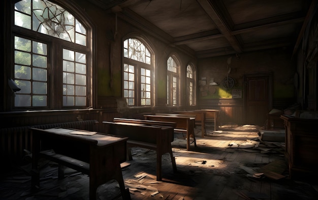 A dark room with a lot of windows and a few desks.